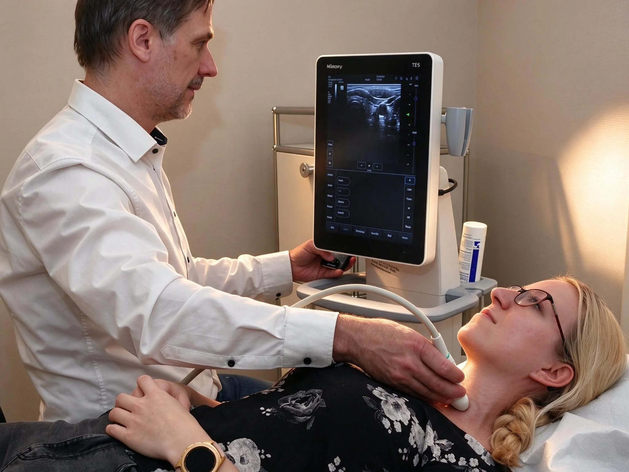 Dr. med. Jörg Frischknecht bei einer Sonografie-Untersuchung in der HNO Praxis Brunnen