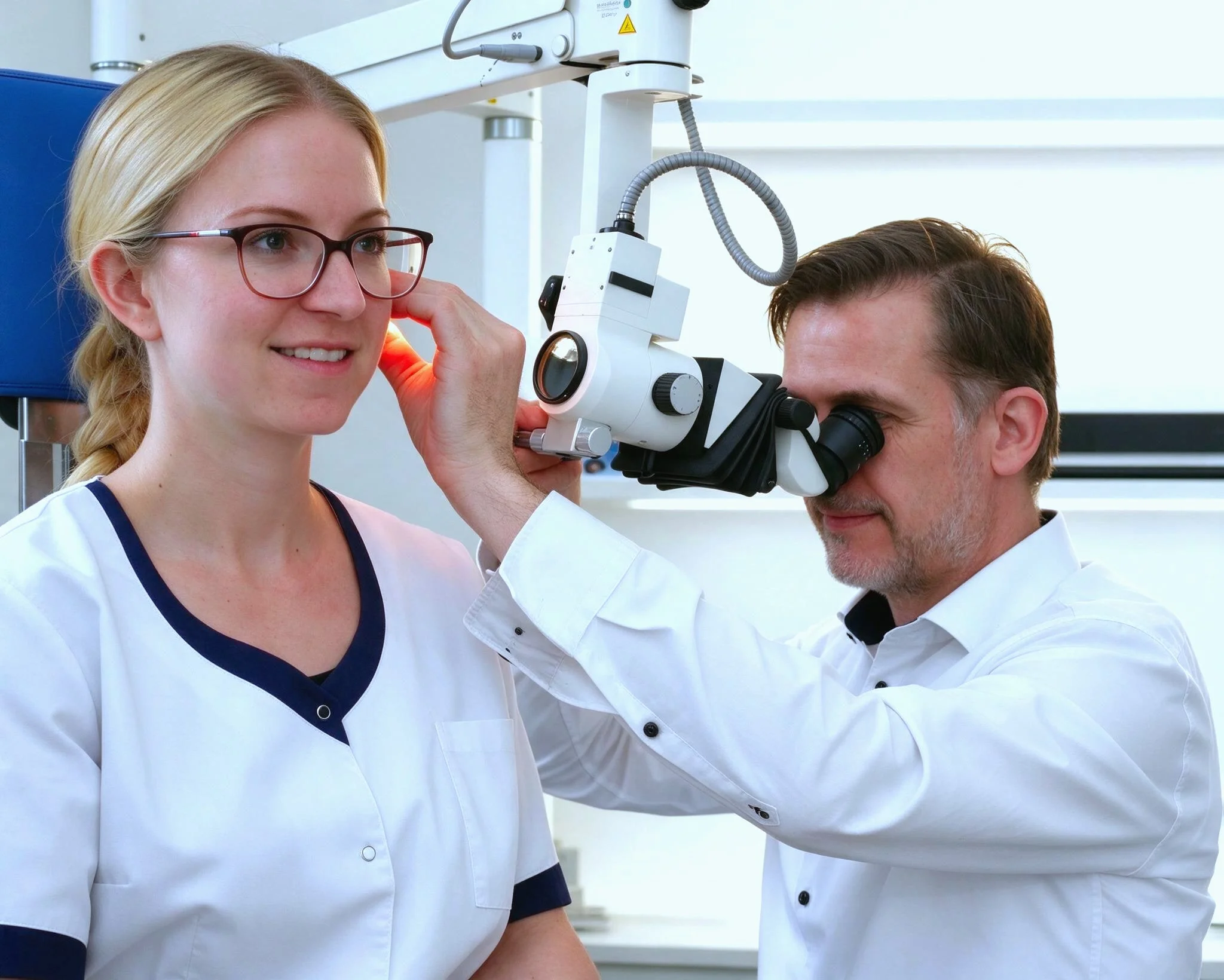 Dr. med. Jörg Frischknecht bei der Untersuchung mit dem OP-Mikroskop